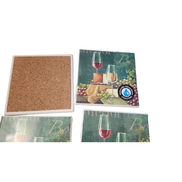 Naturally Absorbent Ceramic Set of 4 Coasters Wine Design Cork Backed 3 3/4" x 3 - Picture 3 of 4